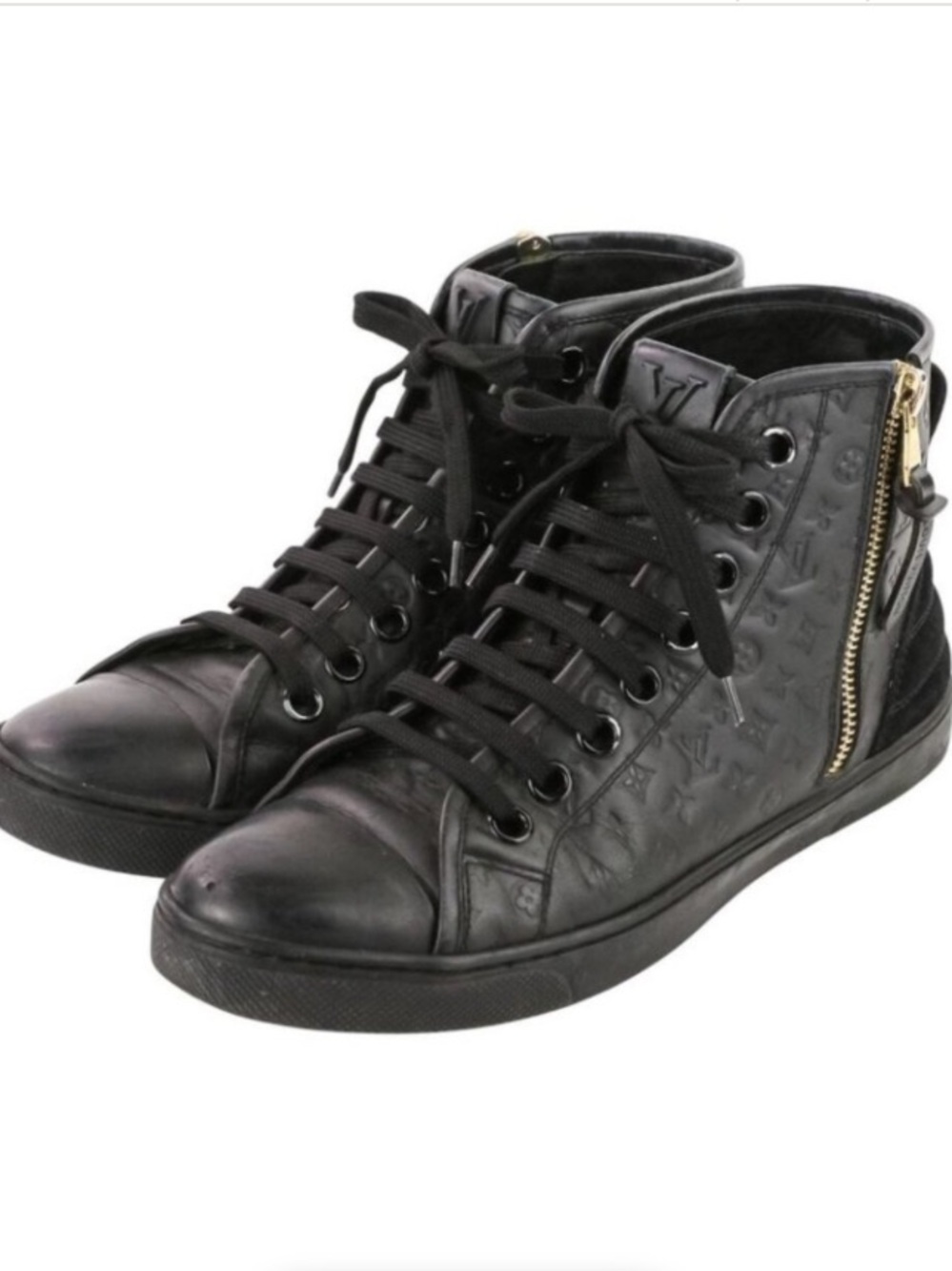 🍒SOLD🍒 Louis Vuitton Black Monogram Embossed High-Top Sneakers with Gold Zip